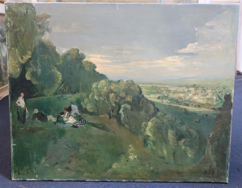 Rodney Joseph Burn (1899-1984) Picnickers in a landscape 61 x 76cm.., unframed